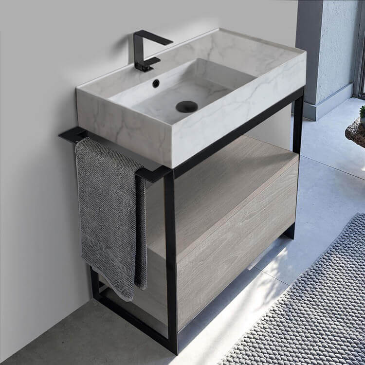 Scarabeo 5115-F-SOL1-88 Console Sink Vanity With Marble Design Ceramic Sink and Grey Oak Drawer